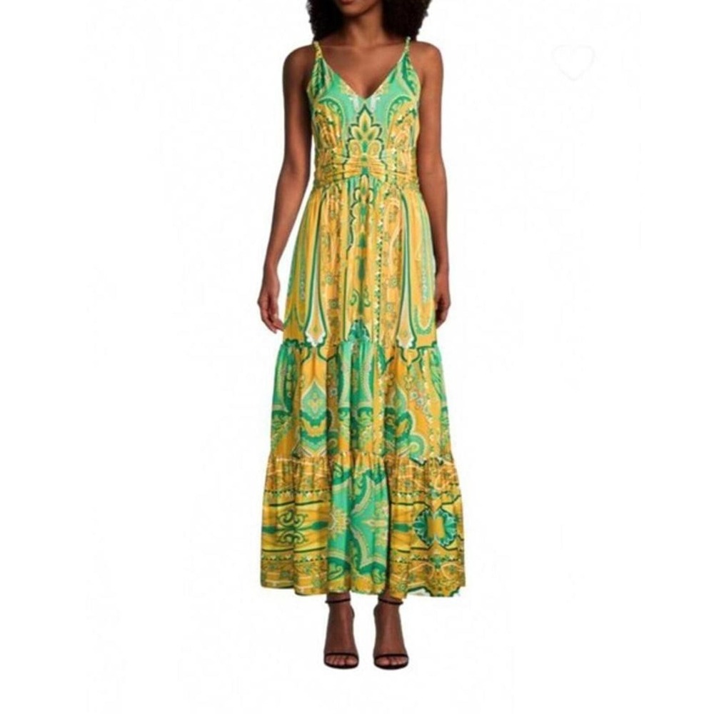 Kobi Halperin Paisley Yellow and Green Maxi Dress Aileen print Medium